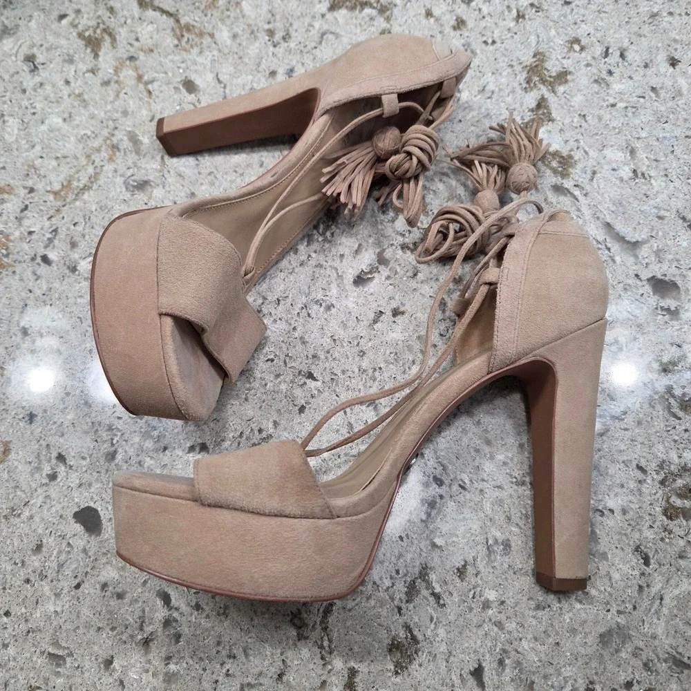 Michael Kors‎ Suede Lace Up Tassel Platform Block Heels Tan Women's Shoes
